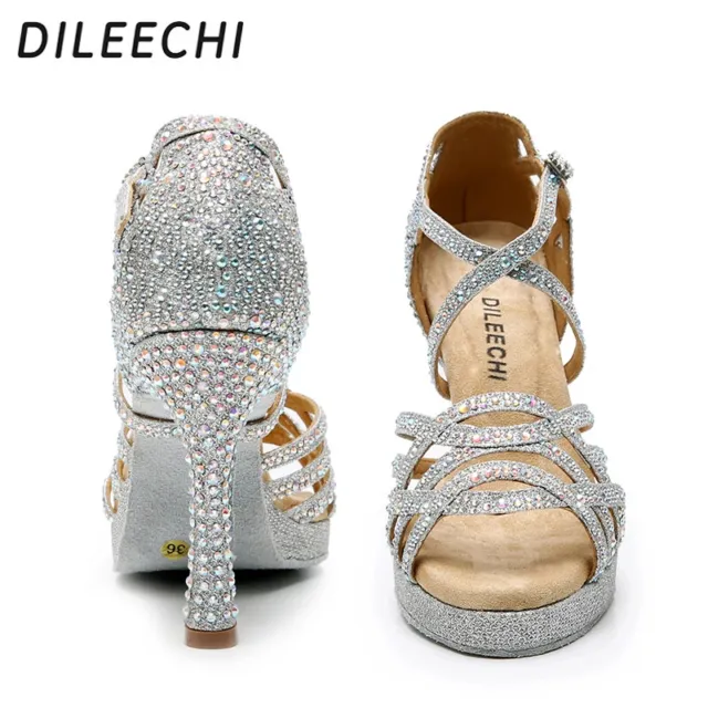 Women Silver Rhinestone Salas Ballroom Latin Dancing Shoes Width Heel Footwear