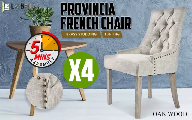 4X Dining Chair French Provincial Brass Studded Fabric Oak Legs Cafe AMOUR - CR 2