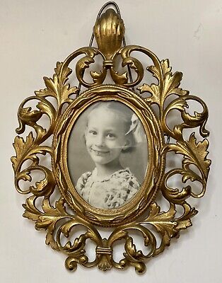 Antique Rococo Bronze Gilt Photo & Frame Louie XVI Oval Easel Cast Metal Ornate