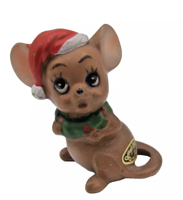 Vintage Josep Oniqmala Christmas Mouse w/ Wreath & Big Eyes 2.25" Japan Figurine