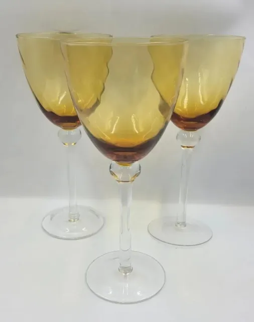 3 Solid Glass Amber Stem & Ball Bevel Wine Goblets Hand Blown