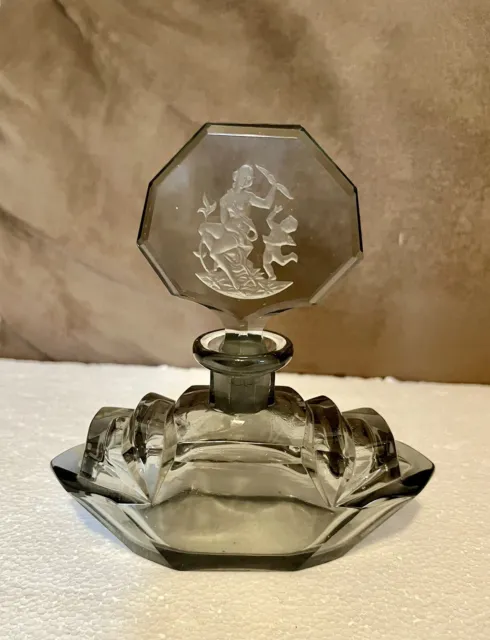 VTG Czech Art Deco Intaglio Hand Cut Glass Smokey Gray Beveled Perfume Bottle