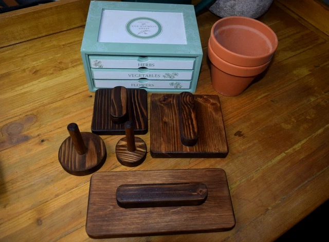 Seed Tray Tamper full 5 Piece set walnut Round pots plants potting shed Birthday