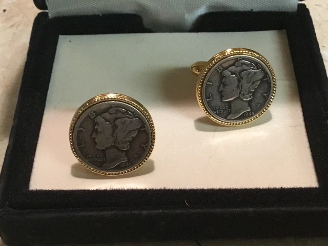 Mercury Dime 1945 & 1941  Coin Cufflinks Gold Tone New Old Stock Original Case