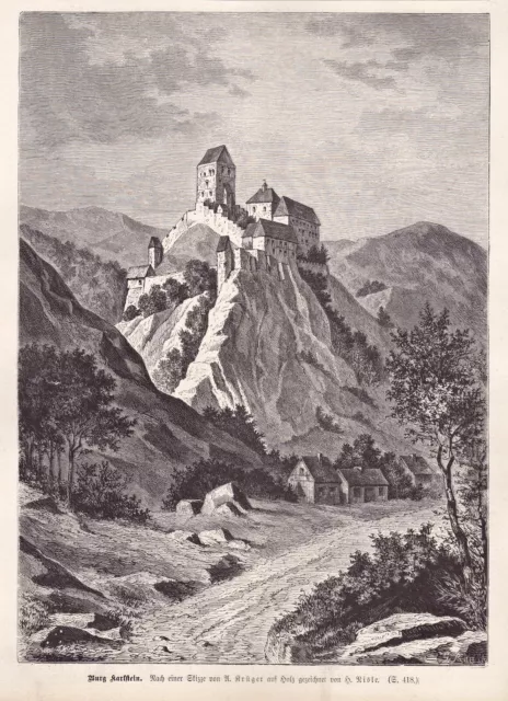 Karlštejn, Karlstein, Tschechien - Burg und Ort - Stich, Holzstich 1881