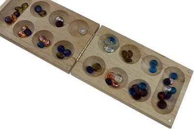 Mancala Board Game Set Folding Wooden 48  Marble Stones of six Colors, Portable