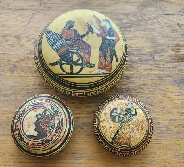 Set of 3 Museum Copy Greek Gods Handmade Painted  Jewelry Trinket Boxes Round