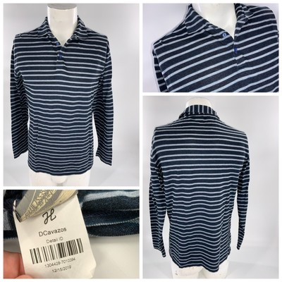 J Hilburn Long Sleeve Polo Shirt M Men Navy Blue Stripe Cotton YGI G2-410