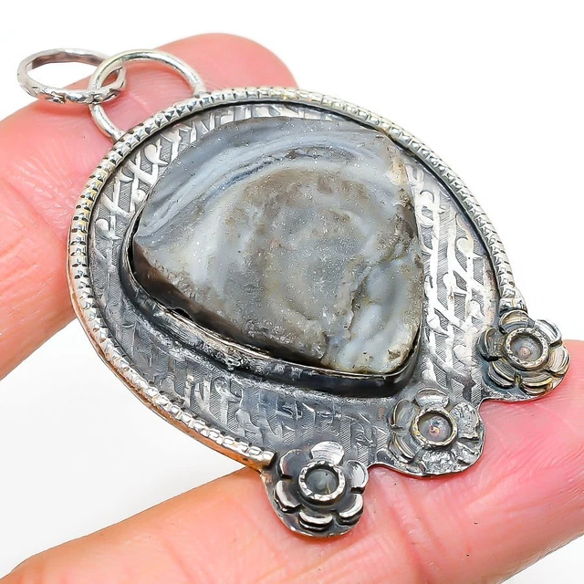 Desert Rose Druzy Ethnic Handmade 925 Sterling Silver Jewelry Pendant 2.36"