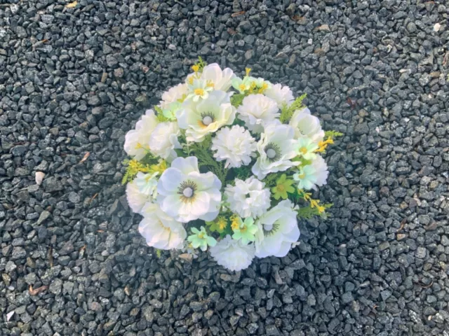 artificial white anemone flower  arrangement in grave/memorial/crem pot