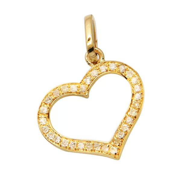 Small 14K Yellow Gold Natural Pave Diamond Floating Heart Pendant Charm Necklace