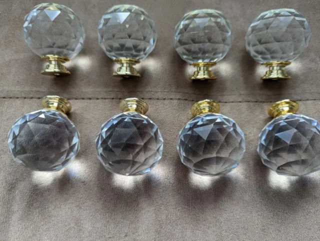 Glass Faceted Round Ball Drawer Knob Pulls w/Hardware 2" Gold Accent New 8 Piece