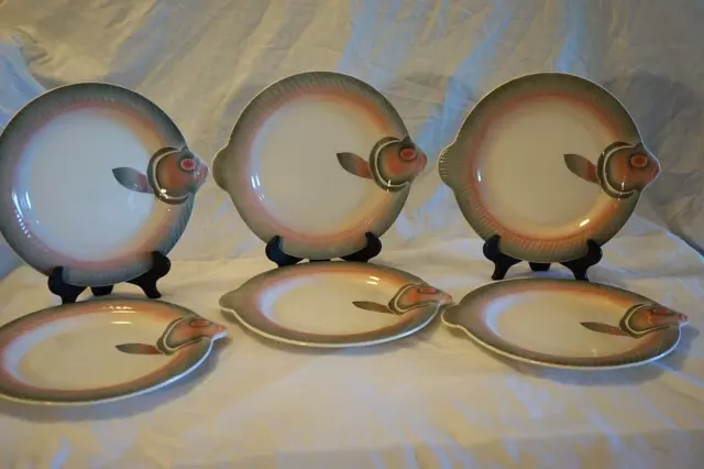Sarreguemines Digoin 6 Fish Shaped 10.75" Plates Pink Gray French Majolica 1910