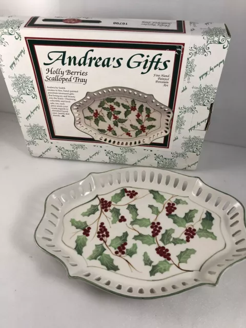Christmas Holly Berries pattern Scalloped Oblong Server Tray Andrea by Sadek 10"