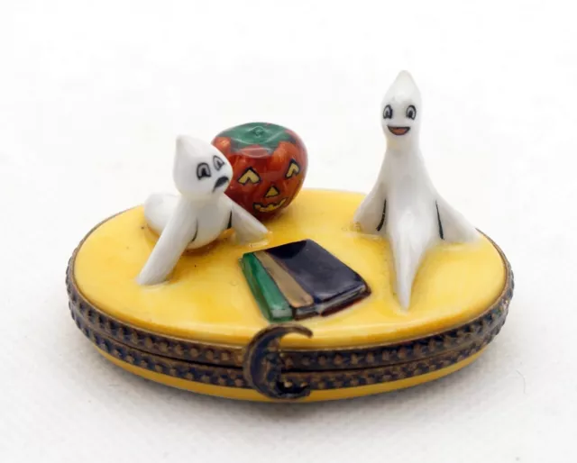 New French Limoges Trinket Box Cute Ghosts w Halloween Jack o' Lantern Pumpkin