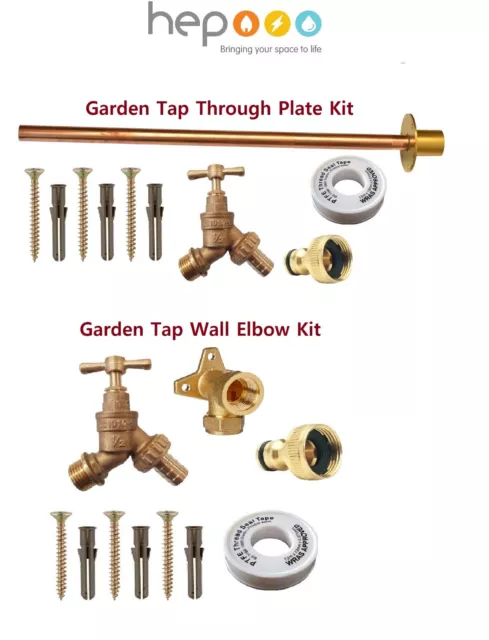 Garden Tap Outside Tap With Brass Wall Plate Elbow or Through Plate Tube KIT