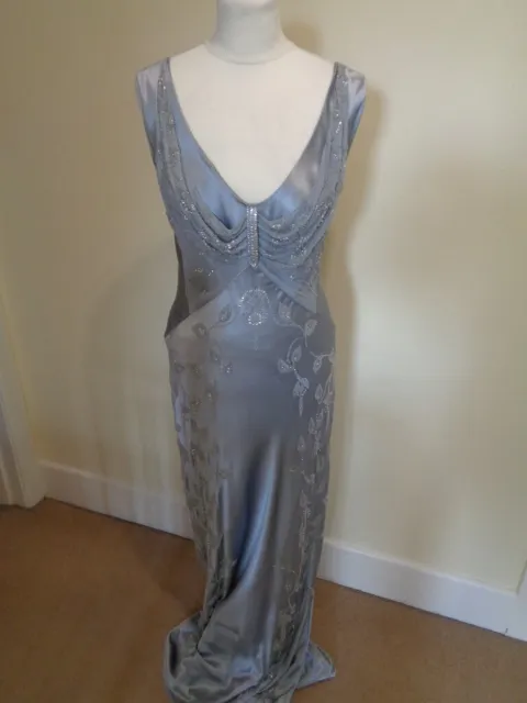 Jenny Packham Silver Grey Silk Evening Dress With Diamante/Bead Detail - Size 12