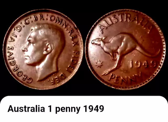 1949 M Australia One Penny Coin BONUS OFFERS King George VI, Kangaroo Reverse