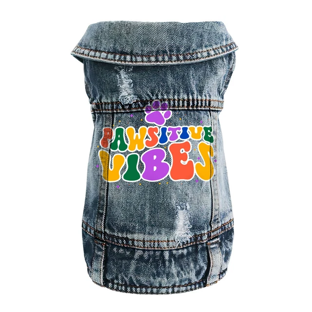 Pawsitive Vibes Dog Denim Vest - Colorful Text Dog Denim Jacket - Cool Dog Cl...