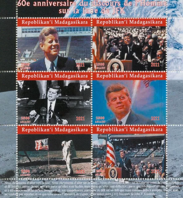 Madagascar 2021 MNH JFK Stamps John F Kennedy Man on Moon Speech Space 6v M/S