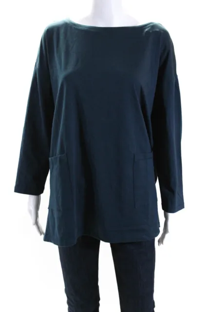 Eileen Fisher Womens Cotton Round Neck Long Sleeve Jersey Top Blue Size PL
