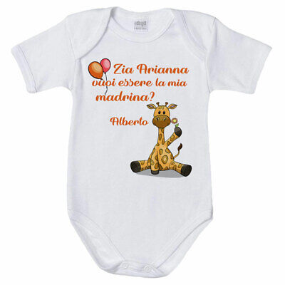 Body neonato personalizzato con nome e giraffa vuoi essere la mia madrina? gr...