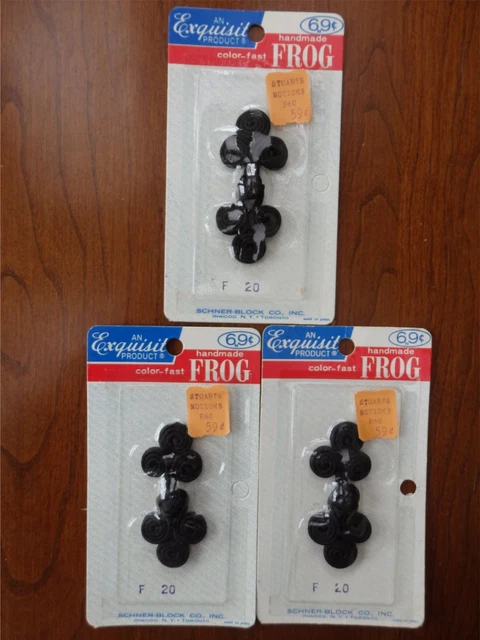 3 Nuevos Paquetes Vintage de 2 Cierres Negros Hechos a Mano Tipo Rana 2 3/4 x 1"