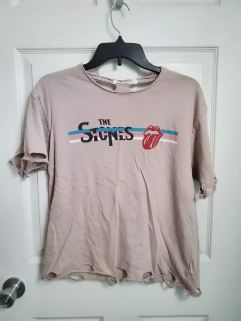 Daydreamer X FREE PEOPLE Rolling Stones Size Small Gray Slashed Tee T-Shirt