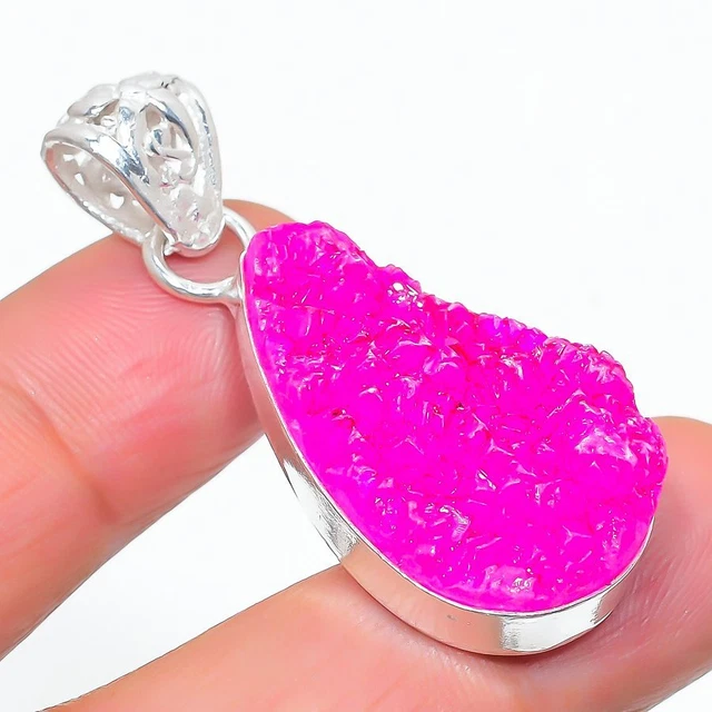 Pink Titanium Druzy Gemstone Handmade 925 Sterling Silver Jewelry Pendant 1.77"
