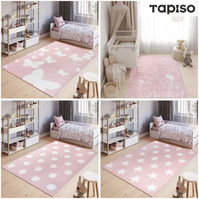 Tapis de Chambre Enfant Bébé Rose Blanc Motif Papillons Fleurs Étoiles Öko-Tex