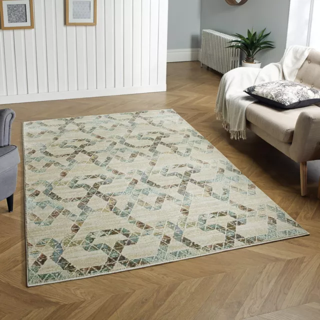 Art Deco Stylish CREAM BLUE BROWN Modern Contemporary Easycare Rug M-XL 30%OFF