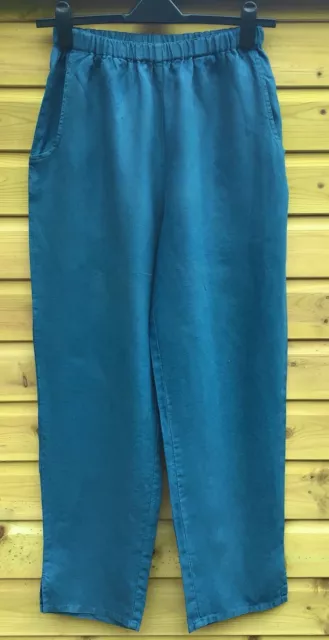FLAX LINEN TEAL Pure Linen Trousers with Elastic Waist and Pockets Size ...