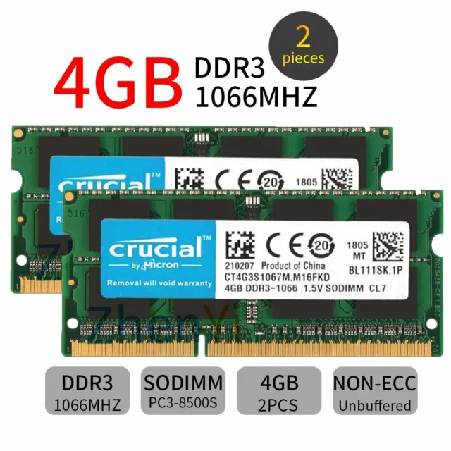 8GB 2x 4GB 2GB 1066MHz DDR3 PC3-8500S SODIMM Laptop Memory SDRAM Crucial Lot BT
