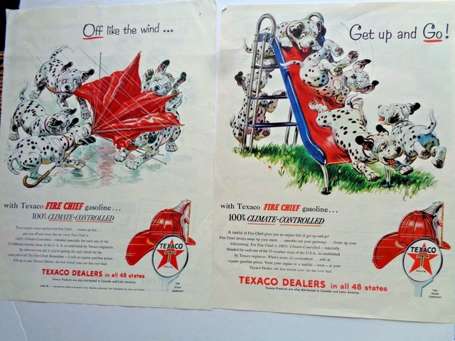 2 full color/full page 1954 magazine ads TEXACO PUPS/dalmatians having fun!!
