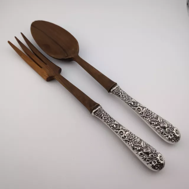 Kirk Repousse Sterling Silver and Wood Salad Serving Set - 11"