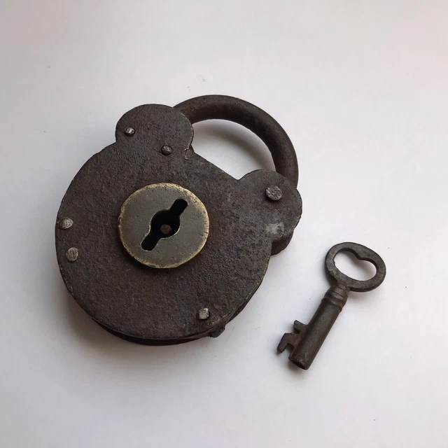 Iron smoke house padlock or lock with original key, old or antique.