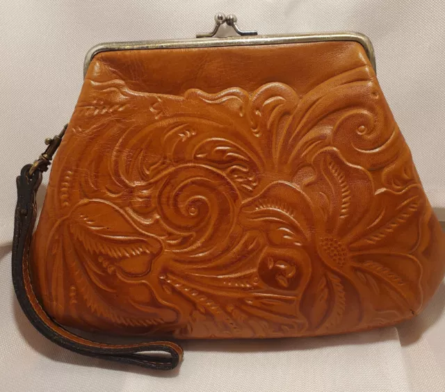 Patricia Nash SAVENA Wristlet Clutch Wallet, Tooled Cognac Leather Kisslock