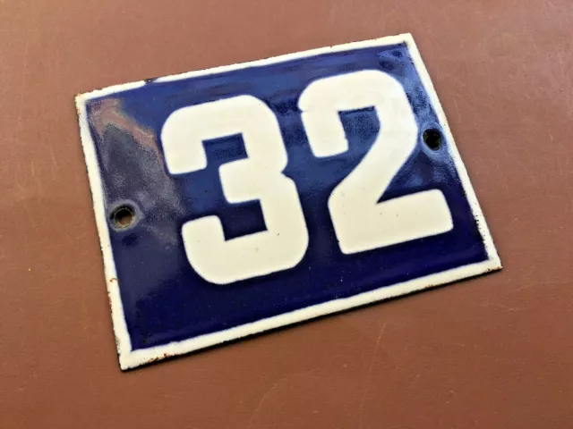 ANTIQUE VINTAGE FRENCH ENAMEL SIGN HOUSE NUMBER 32 DOOR GATE SIGN BLUE 1950's