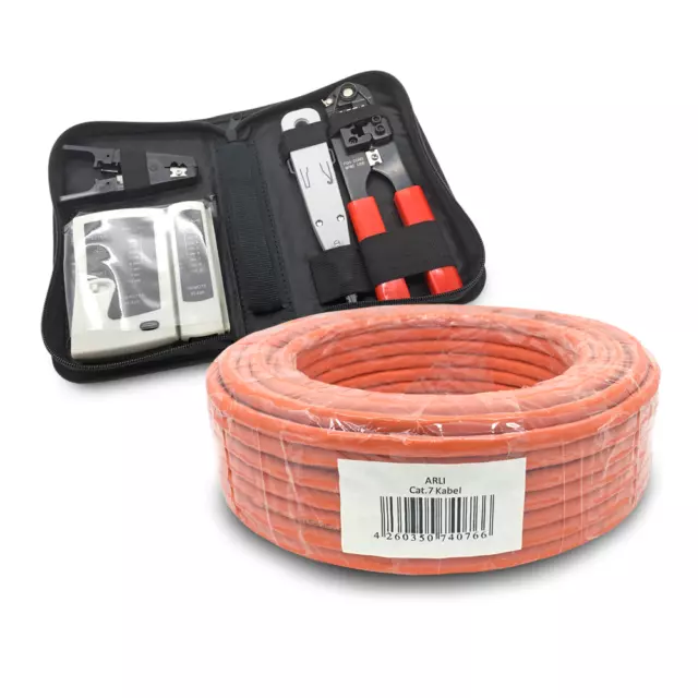 25m Cat7 Verlegekabel Netzwerkkabel Werkzeug Set Netzwerk Tasche Crimpzange lan