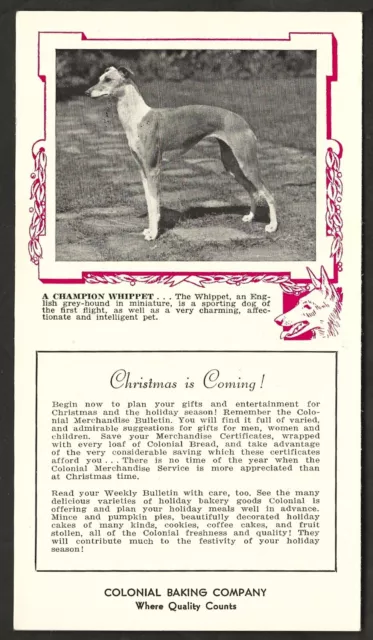 1938 WHIPPET Bread Card DOG CARD Colonial BAKERY Weekly Bulletin UnCut Dog Cards