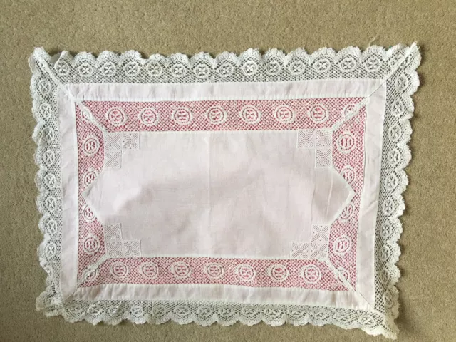 Beautiful White Vintage Antique Lace Cushion Pillow Cover with Pink Inset - VGC