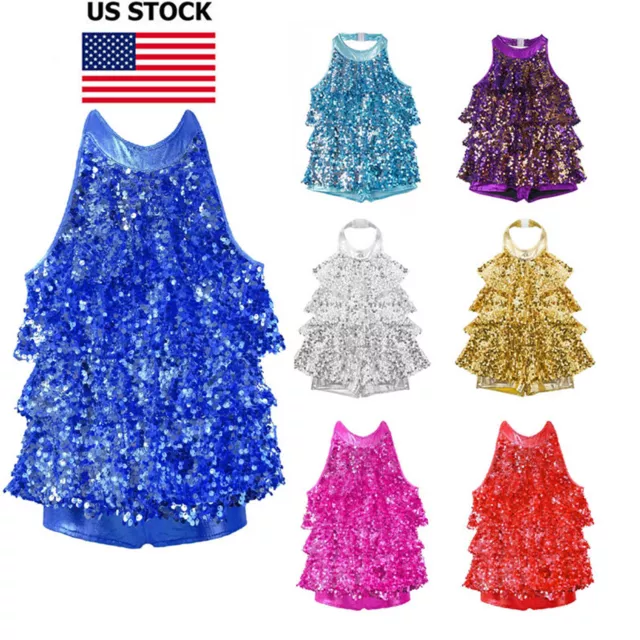 US Kid's Sequins Ballet Leotard Modern Jazz Latin Ballroom Dancing Costumes