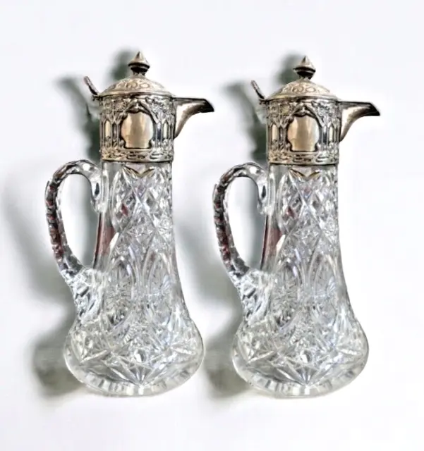I. Khlebnikov Pair of Imperial Russian Silver Cut Glass Decanters d.1890s