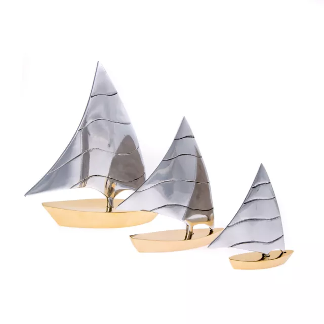 Sailing Boat set of 3, Handmade of Solid Metal, Striped Sail Nautical Decor