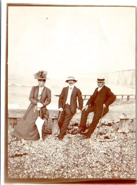 France, Saint-Valery-en-Caux, A Family on the Beach Vintage Silver Print T