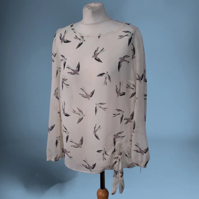 South Cream Purple Bird Print Knot Front Blouse Womens Size 16 (E5)