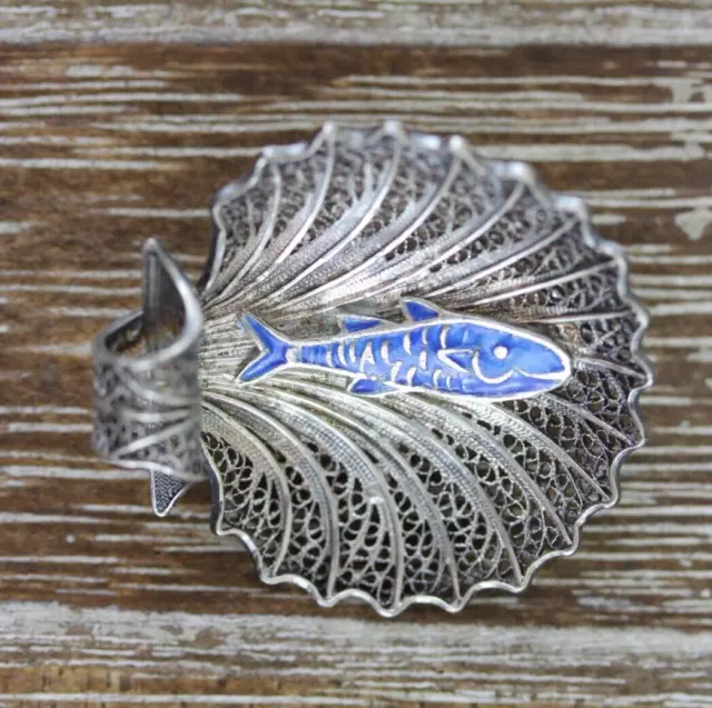 Antique Enamel Fish Filigree Shell Sterling Silver 925 Brooch Pin Pretty