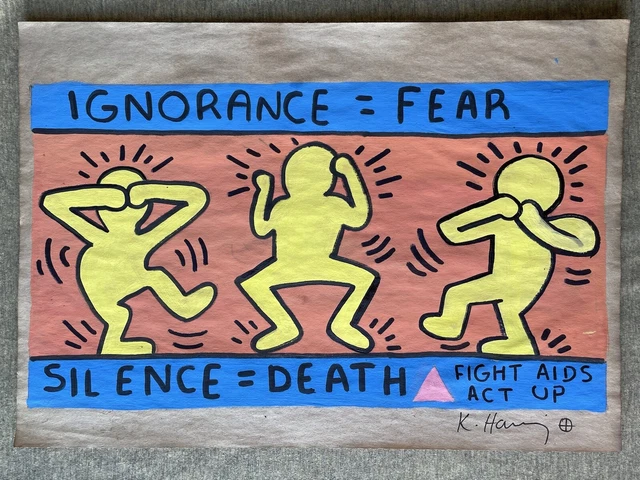 Keith Haring (Handmade) Drawing - Painting on old paper signed & stamped