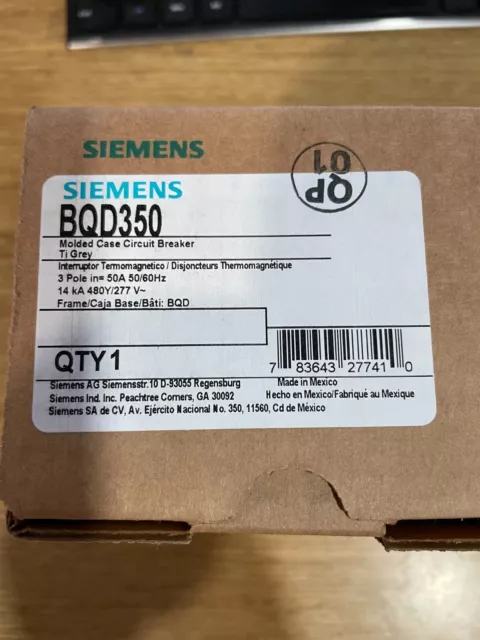 NIB - Siemens - BQD350 - Molded Case Circuit Breaker - 50A, 3-Phases, 480V