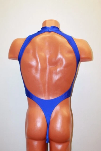 Men Thong Leotard 154-04 High Collar Open Back Royal Blue Spandex Size S